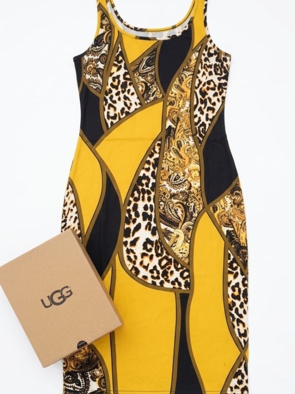 Mustard Yellow Patterned Midi Bodycon Dress - Picture 3 of 4
